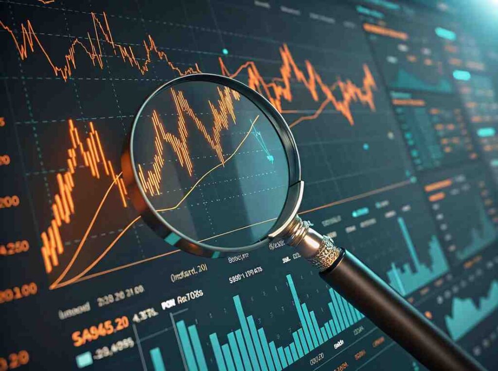 Magnifying glass analyzing stock market trading chart
