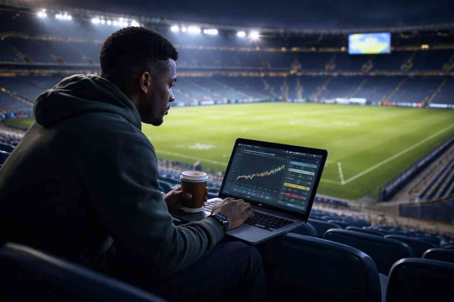 An empty stadium before the match, while someone is already analyzing the data.
