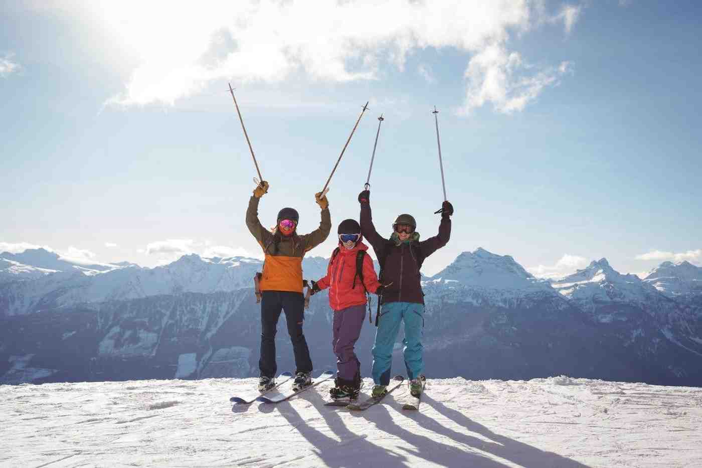 Celebrating skiers standing on a mountain