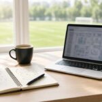 Notebook and laptop by a window